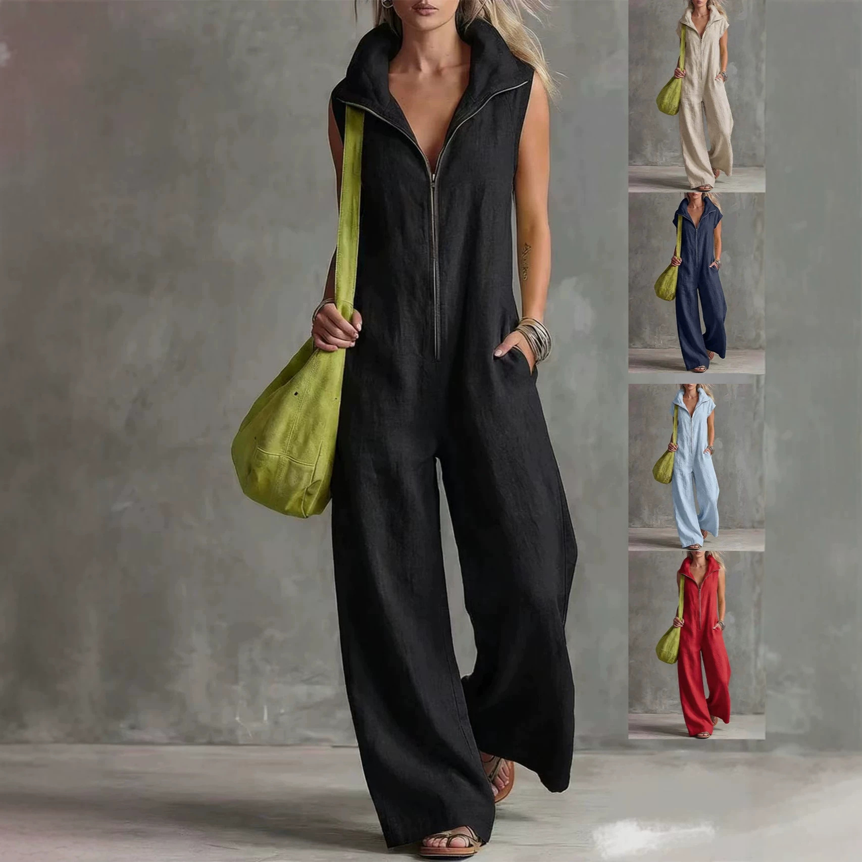 Women's Loose Linen Jumpsuit with Pockets Sleeveless Straight Leg