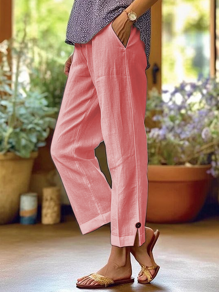 Women's Cotton-Linen Wide-Leg Pants with Elastic Waist and Pockets