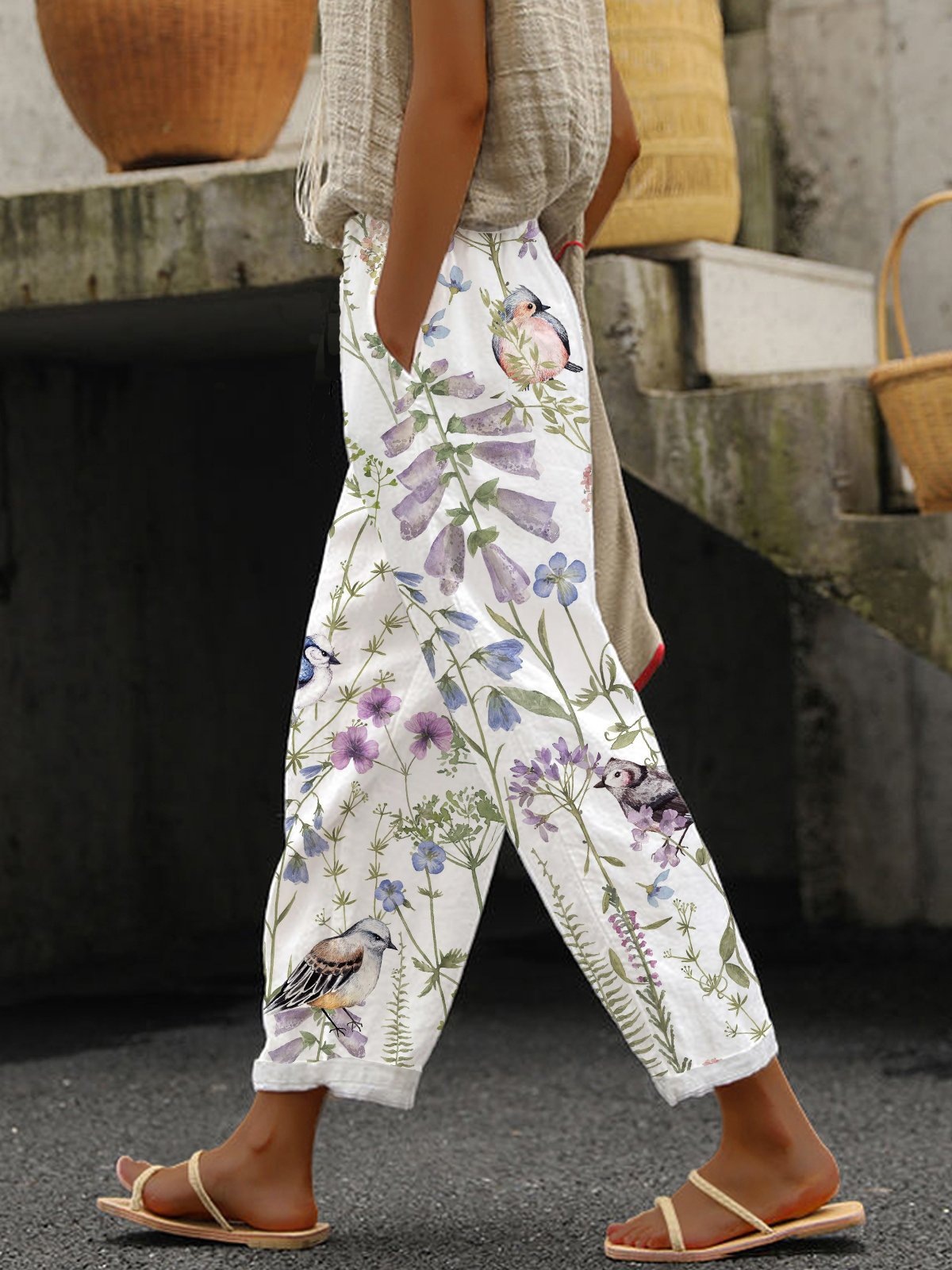 Women's Striped & Floral Print Straight-Leg Casual Pants