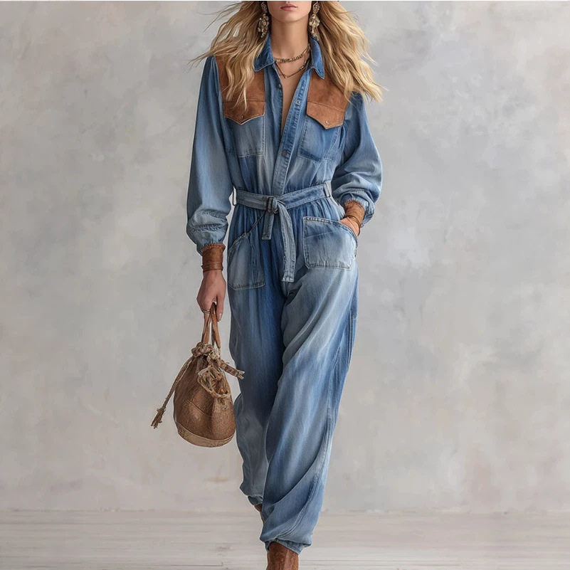 Retro Patchwork Blue Washed Denim Jumpsuit
