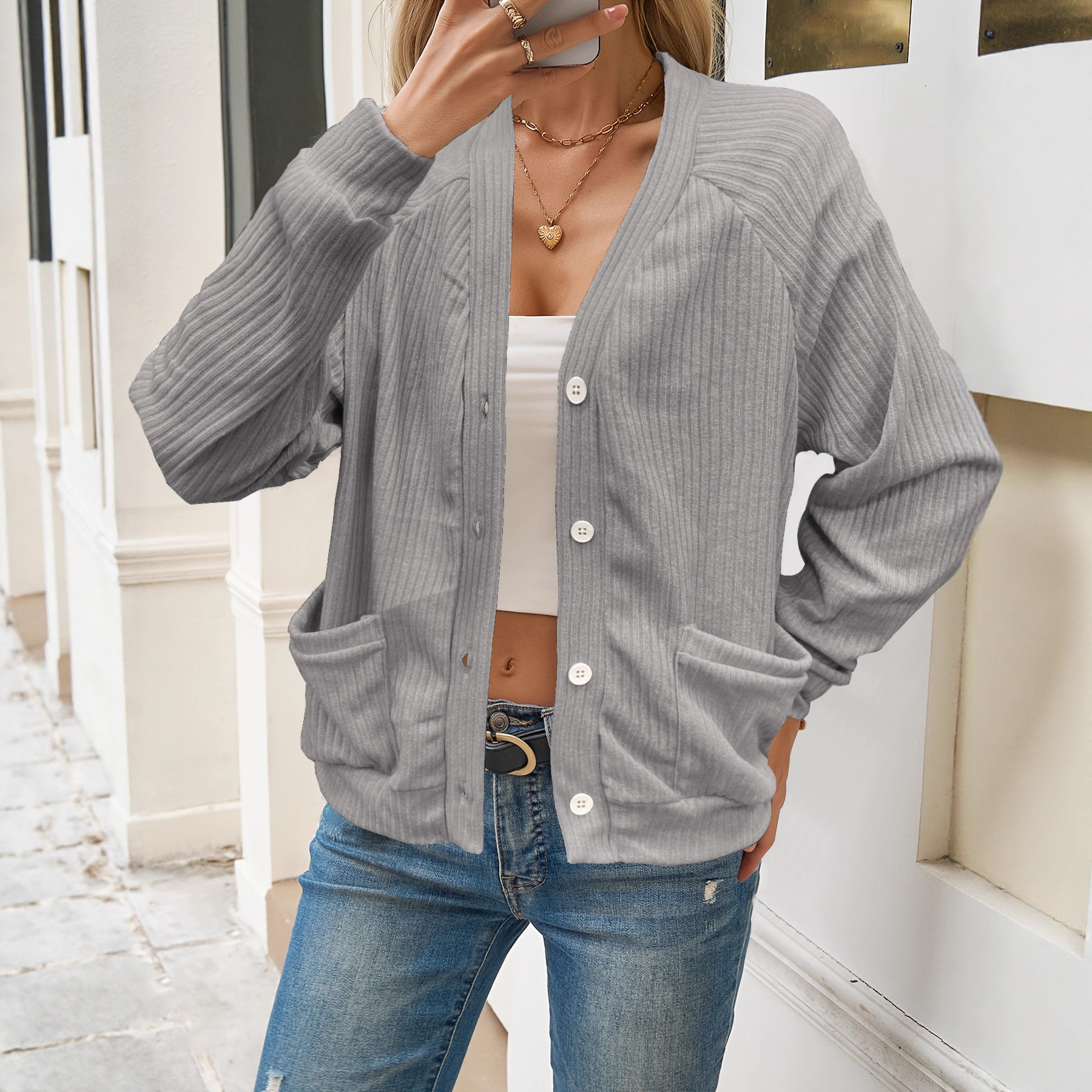 Solid V-Neck Long-Sleeve Knit Cardigan Sweater
