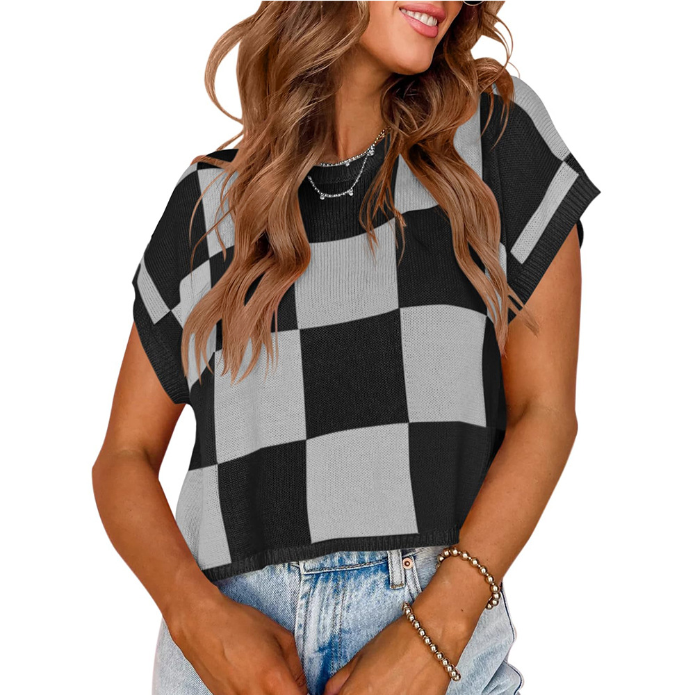 Color Block Checkered Crewneck Knit Crop Top Short Sleeve