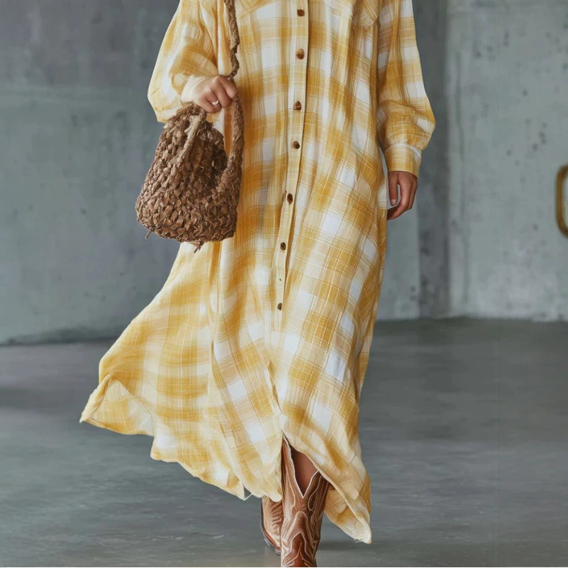 Retro Yellow Plaid Shirt Dress Long Sleeve Midi