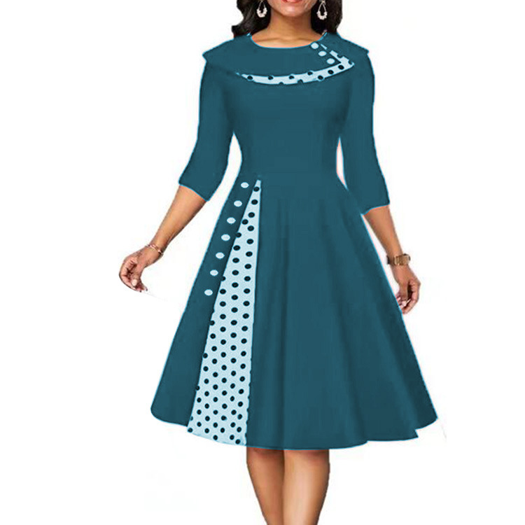 Women's Retro Polka Dot Waist-Cinched Flared Midi Dress