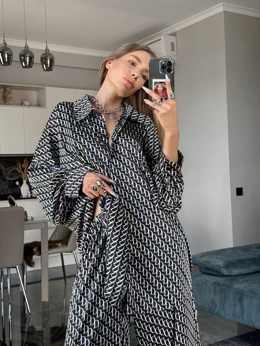 Women's Printed Long Sleeve Shirt and Pants Set Loose Fit