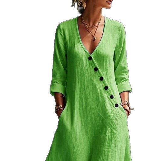 Asymmetric Button V-Neck Midi Dress with Rolled Cuffs and Side Pockets