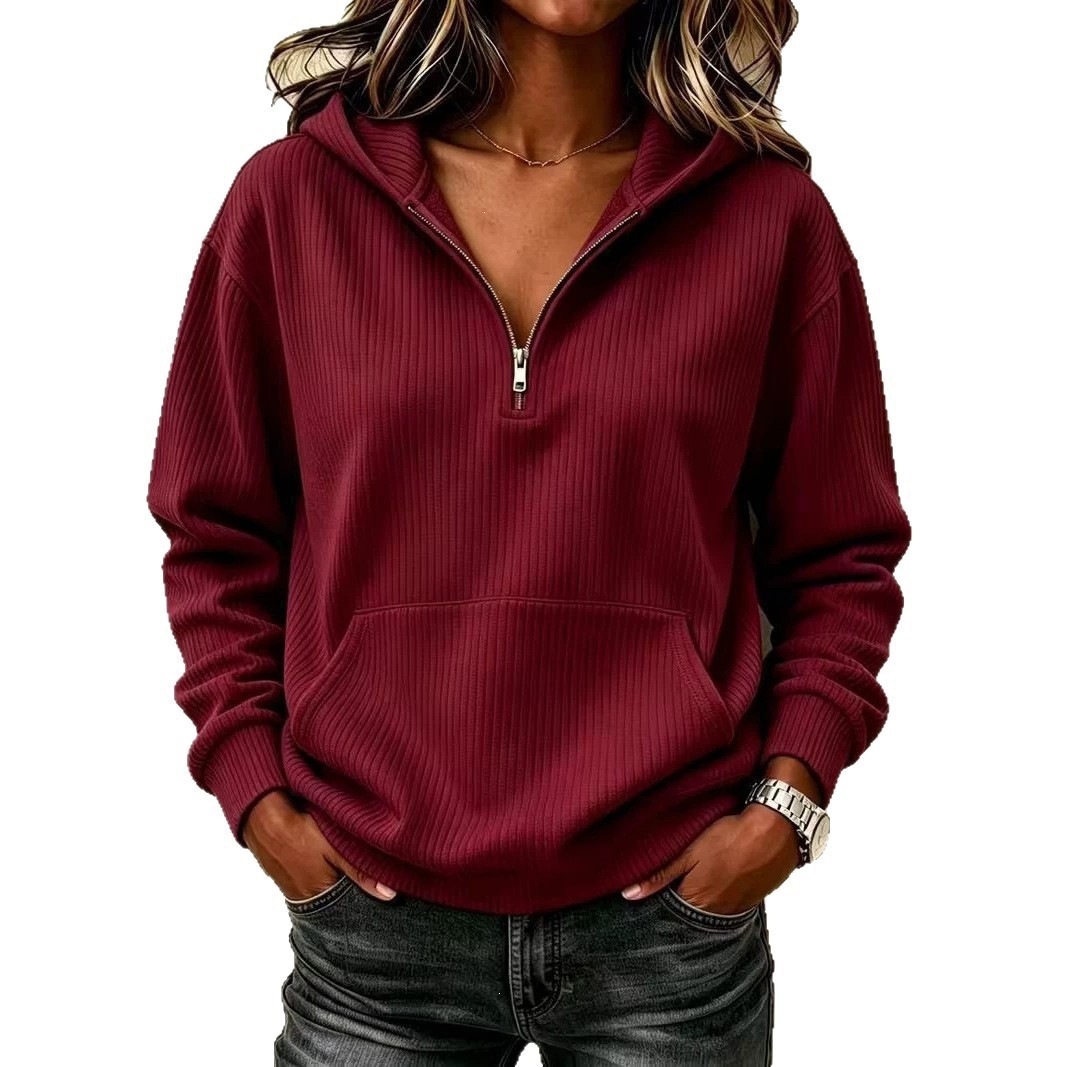Half-Zip Hooded Sweatshirt Relaxed Fit Slimming Long Sleeve Pullover White
