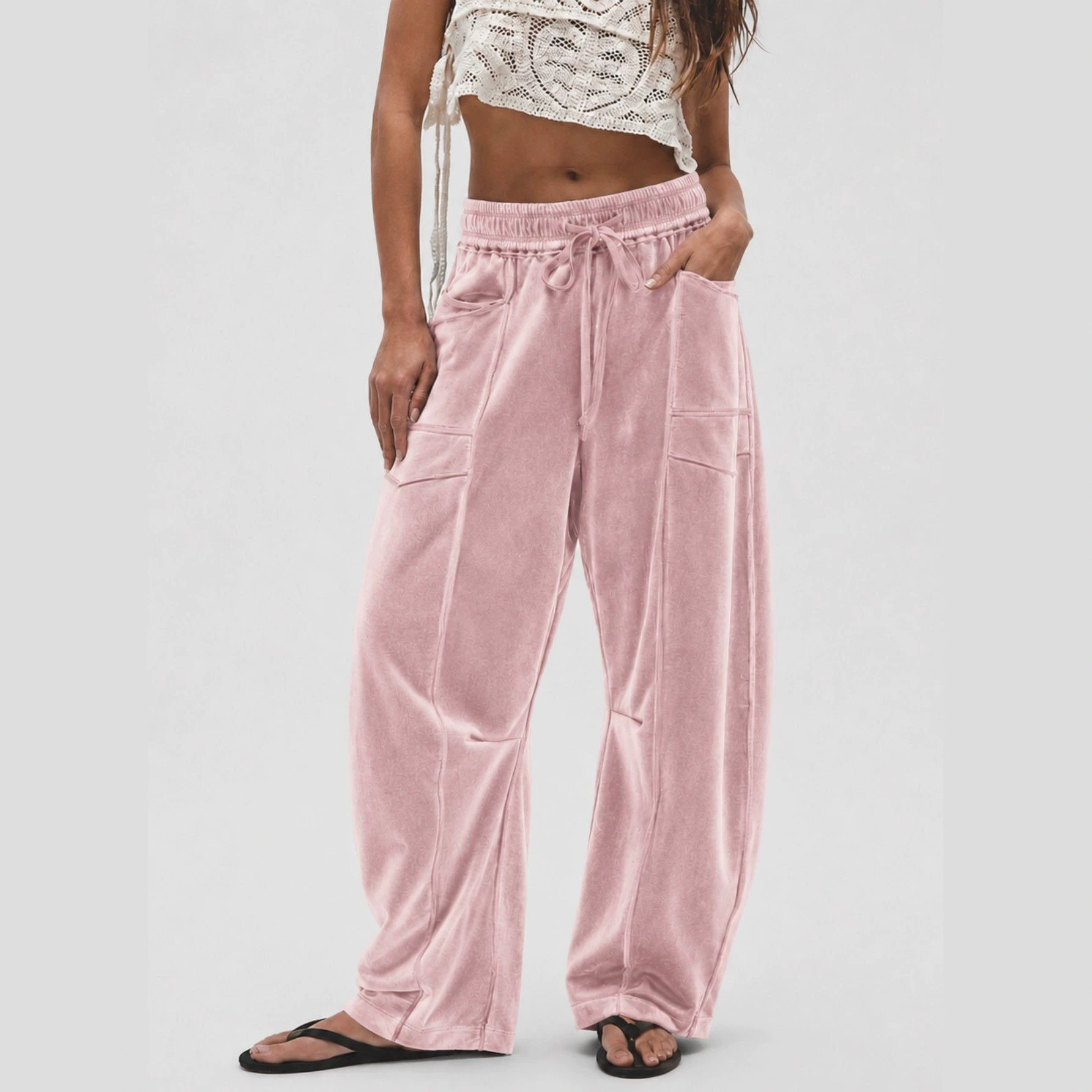 Women's Wide-Leg Velvet Pants with Drawstring Casual Loose Fit