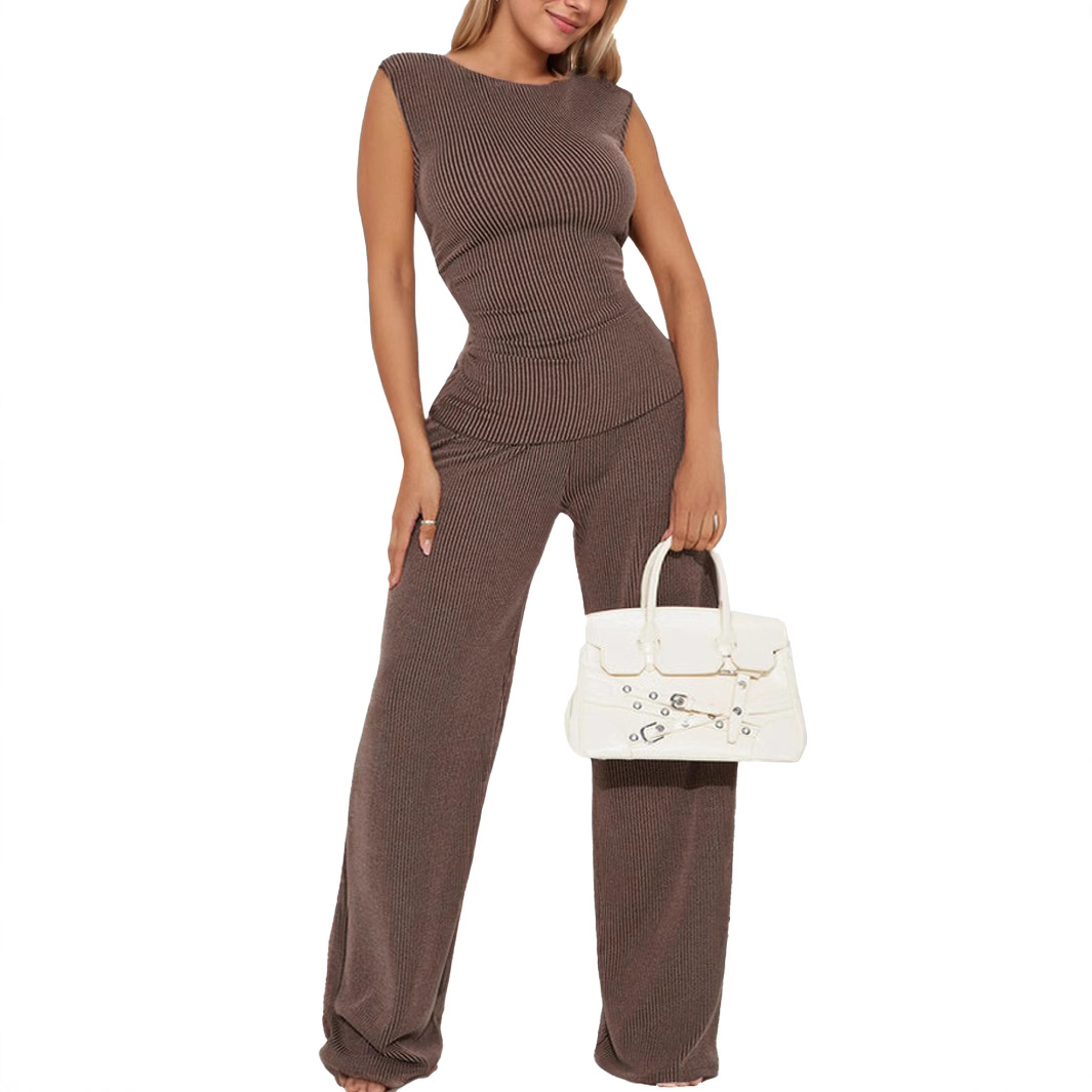 Women's Two-Piece Outfit Sleeveless Round Neck Top and Straight-Leg High-Waist Pants Set