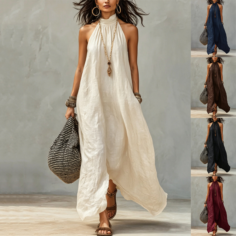 Women's Halter Neck Backless Pleated Boho Maxi Dress