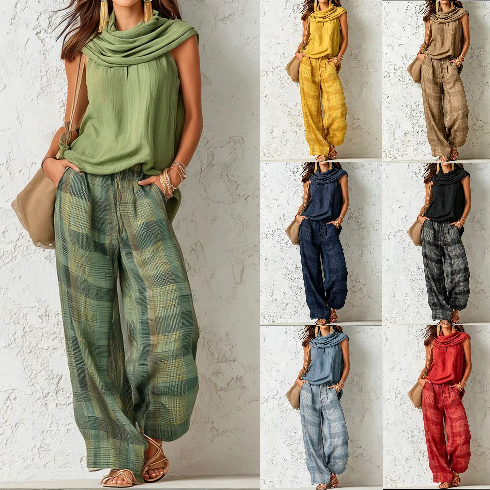 Women's Retro Sleeveless Top and Plaid Pants Two-Piece Set