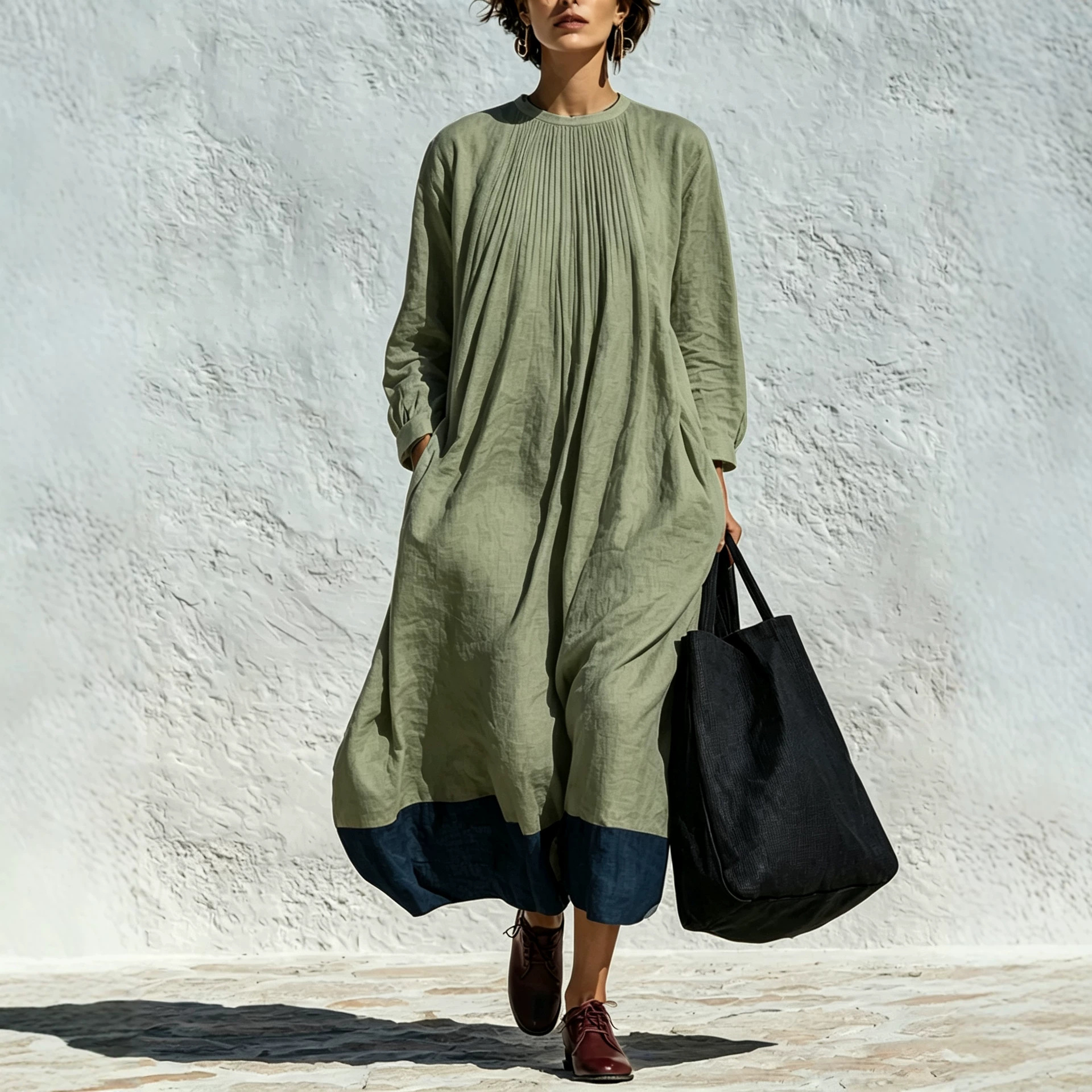 Women's Crewneck Pleated Colorblock Linen Blend Loose Long Sleeve Dress