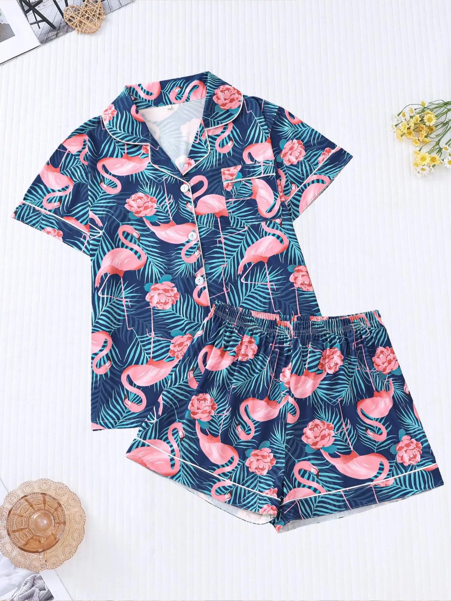 Women's Flamingo Print Collared Shirt Set Casual Loungewear