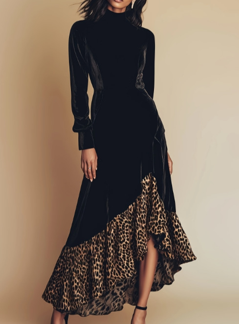 Western Style Leopard Print Patchwork Zip Dress