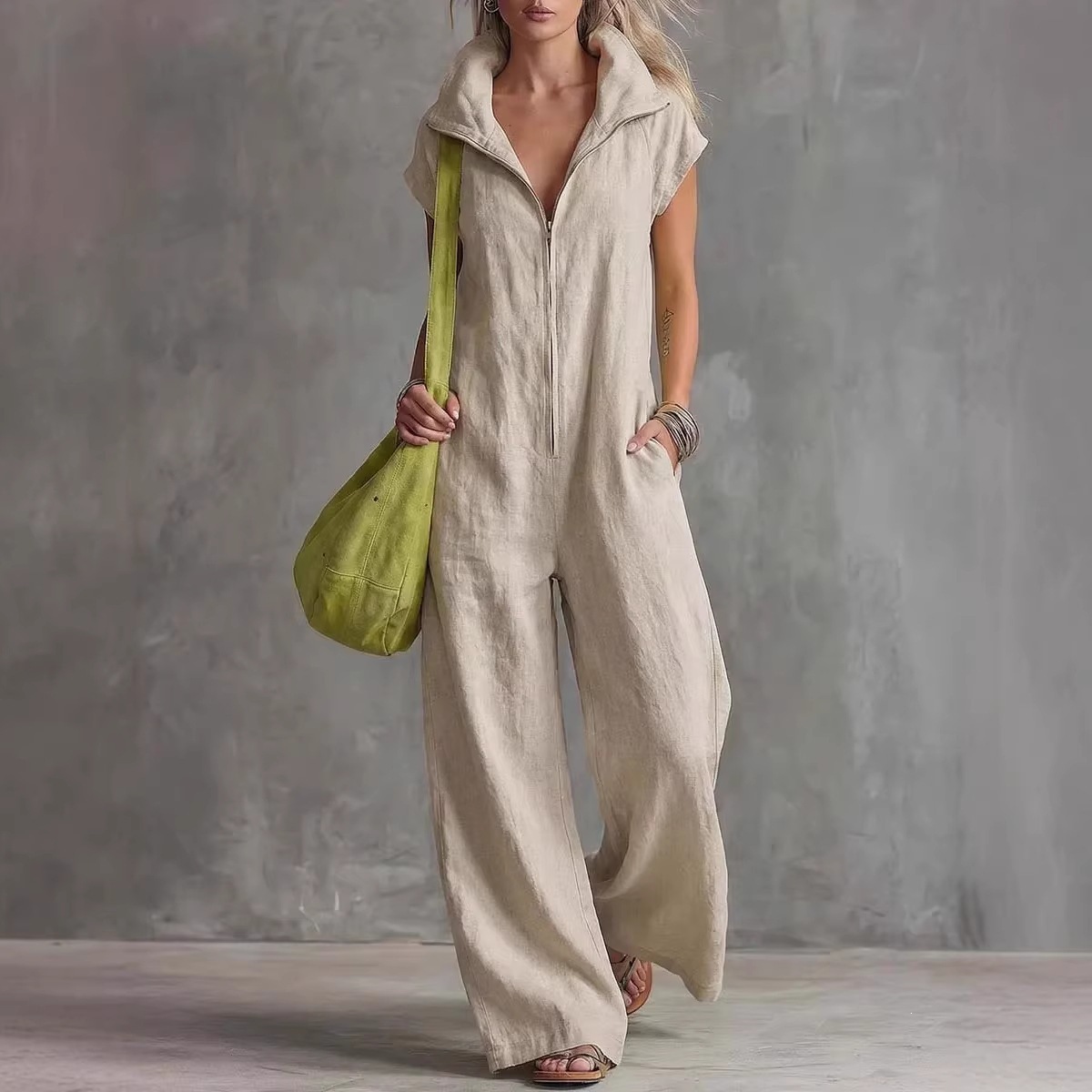 Women's Loose Sleeveless Jumpsuit with Pockets Linen-Blend Casual