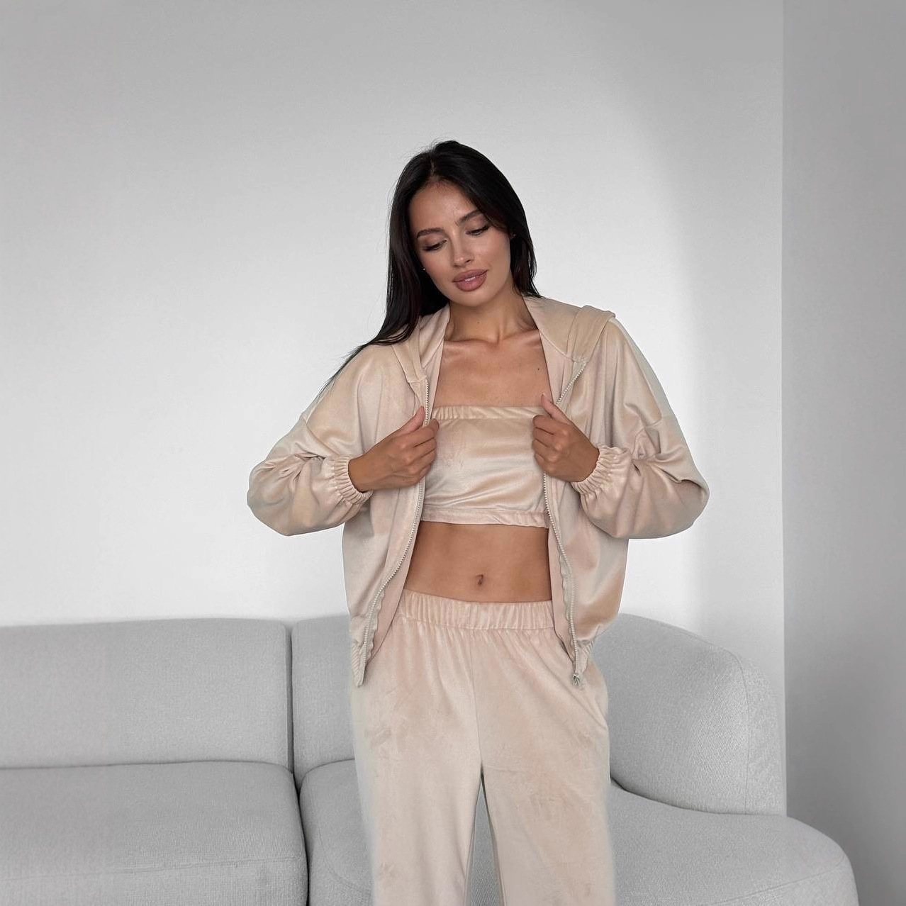 Velvet Hooded Three-Piece Lounge Set with Pants