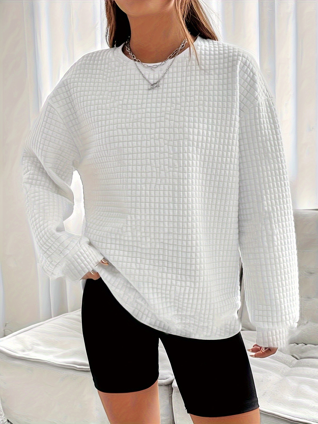 Solid Crewneck Long Sleeve Loose Fit Pullover Sweatshirt