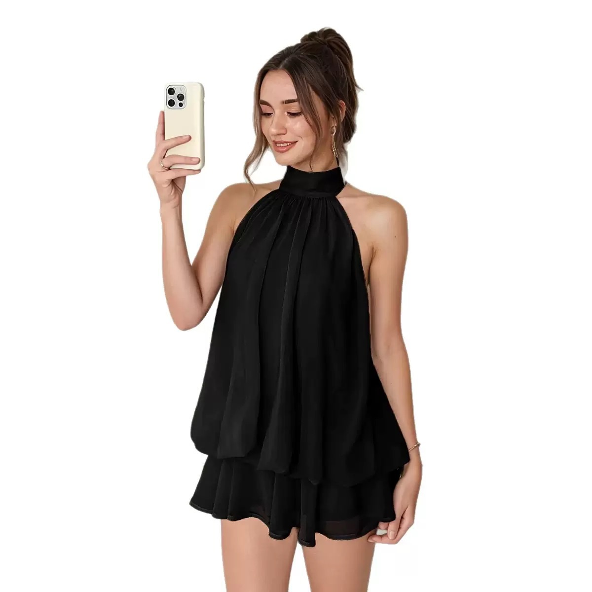 Women's Halter Neck Chiffon Dress High Waist A-Line Mini Vacation Dress