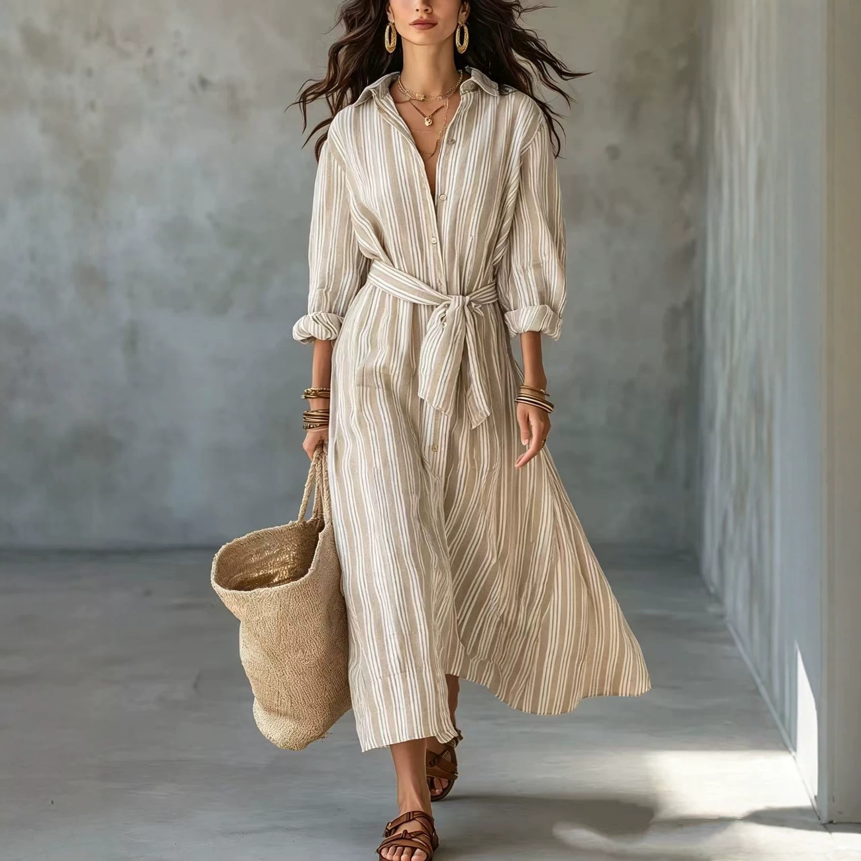 Striped Collared Tie-Waist Long Shirt Dress