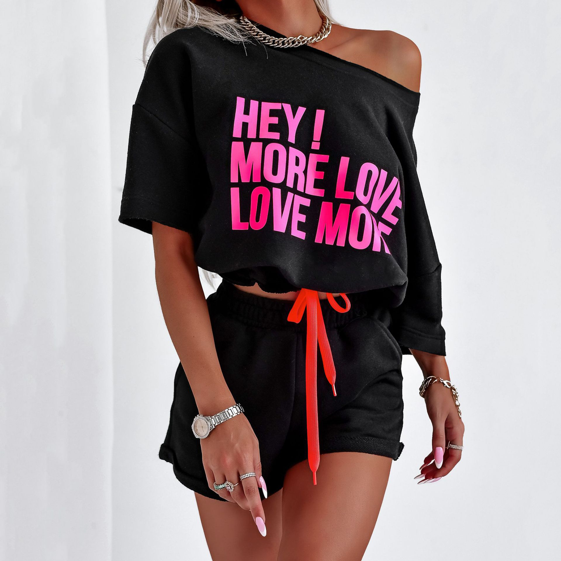 Women's Summer Two-Piece Short Sleeve Letter Print Top and Shorts Set