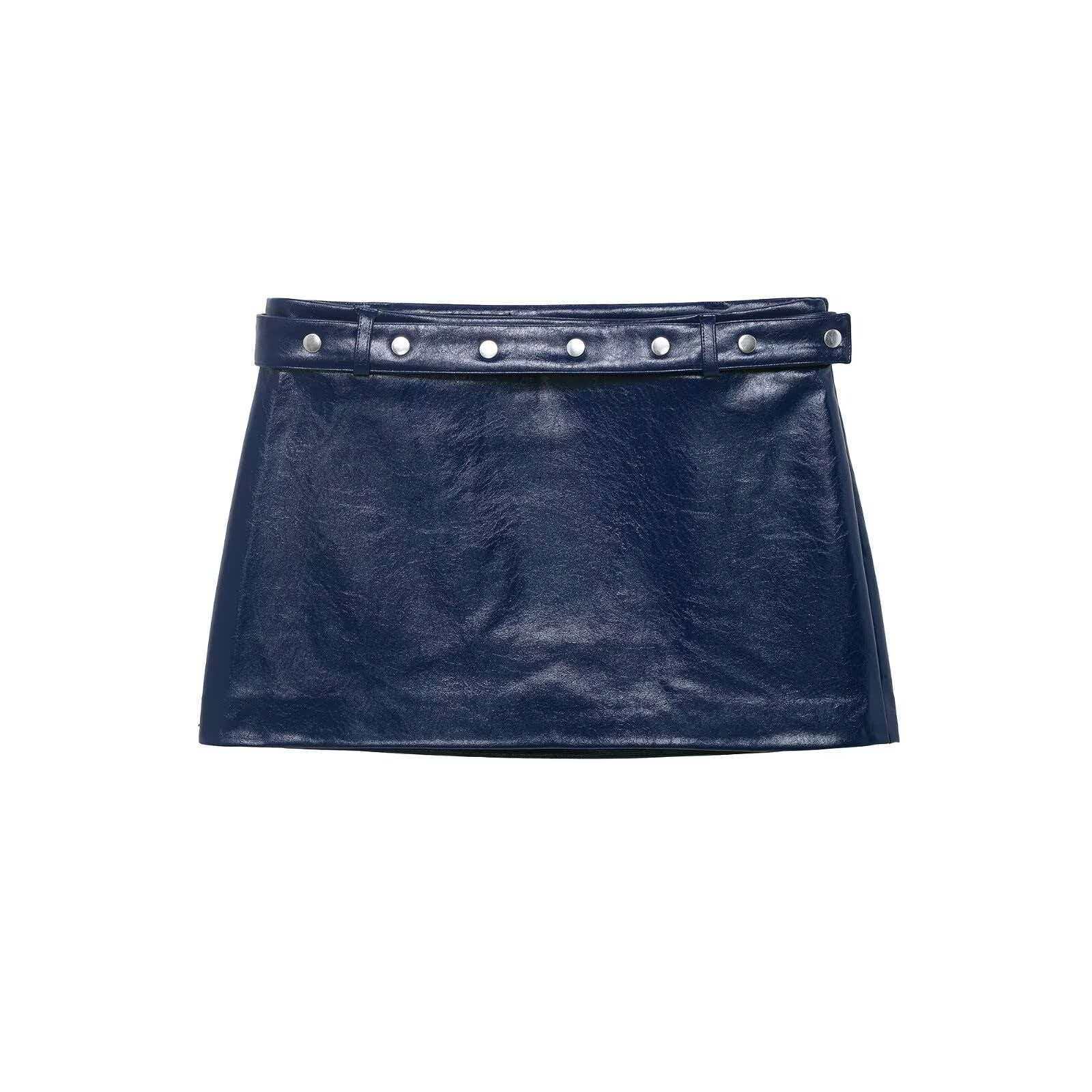 Women's Navy Glossy Faux Leather Skirt Set Sleeveless Cardigan Top and Long Pants