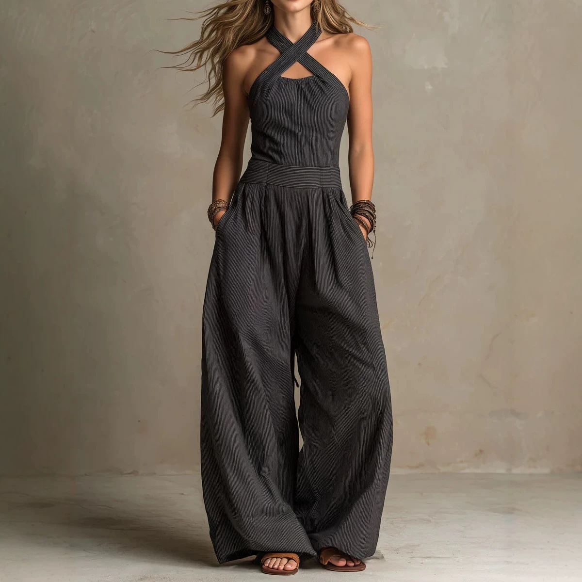 Dark Gray Pinstripe Cross Halter Wide-Leg Jumpsuit with Belt and Pockets