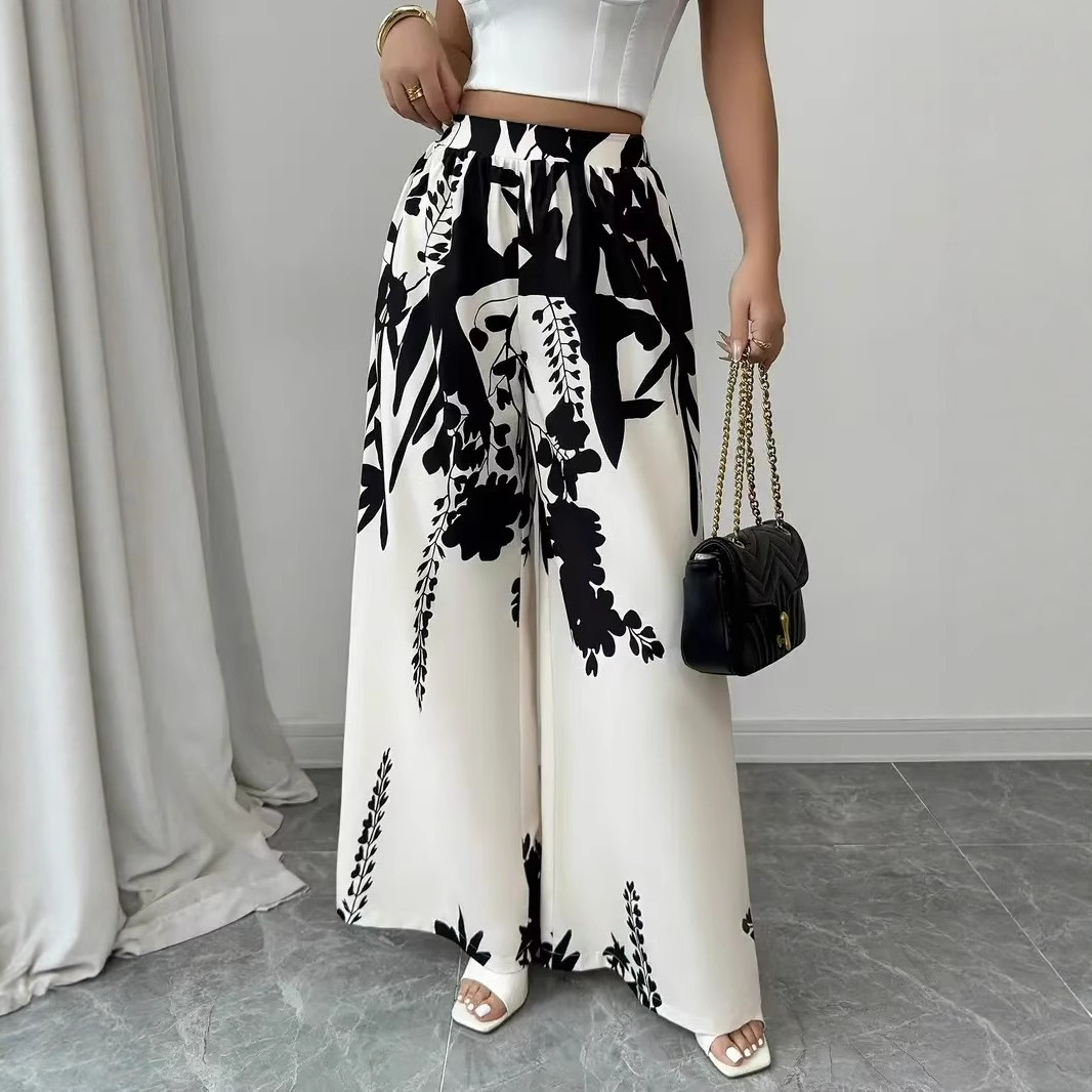 Black and White Floral Print Wide-Leg Pants for Women