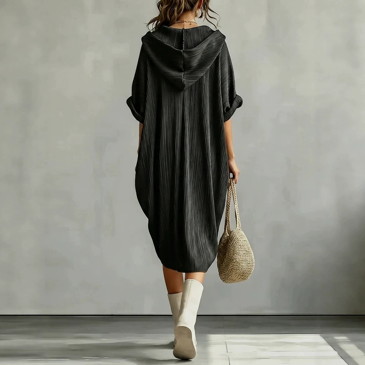 Dark Textured Pleated Hooded Sweatshirt Dress Slit Loose Midi