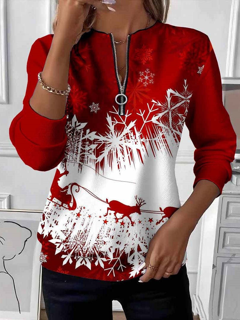 Women's Boho Print Long Sleeve Zip-Up Sweatshirt Casual Top