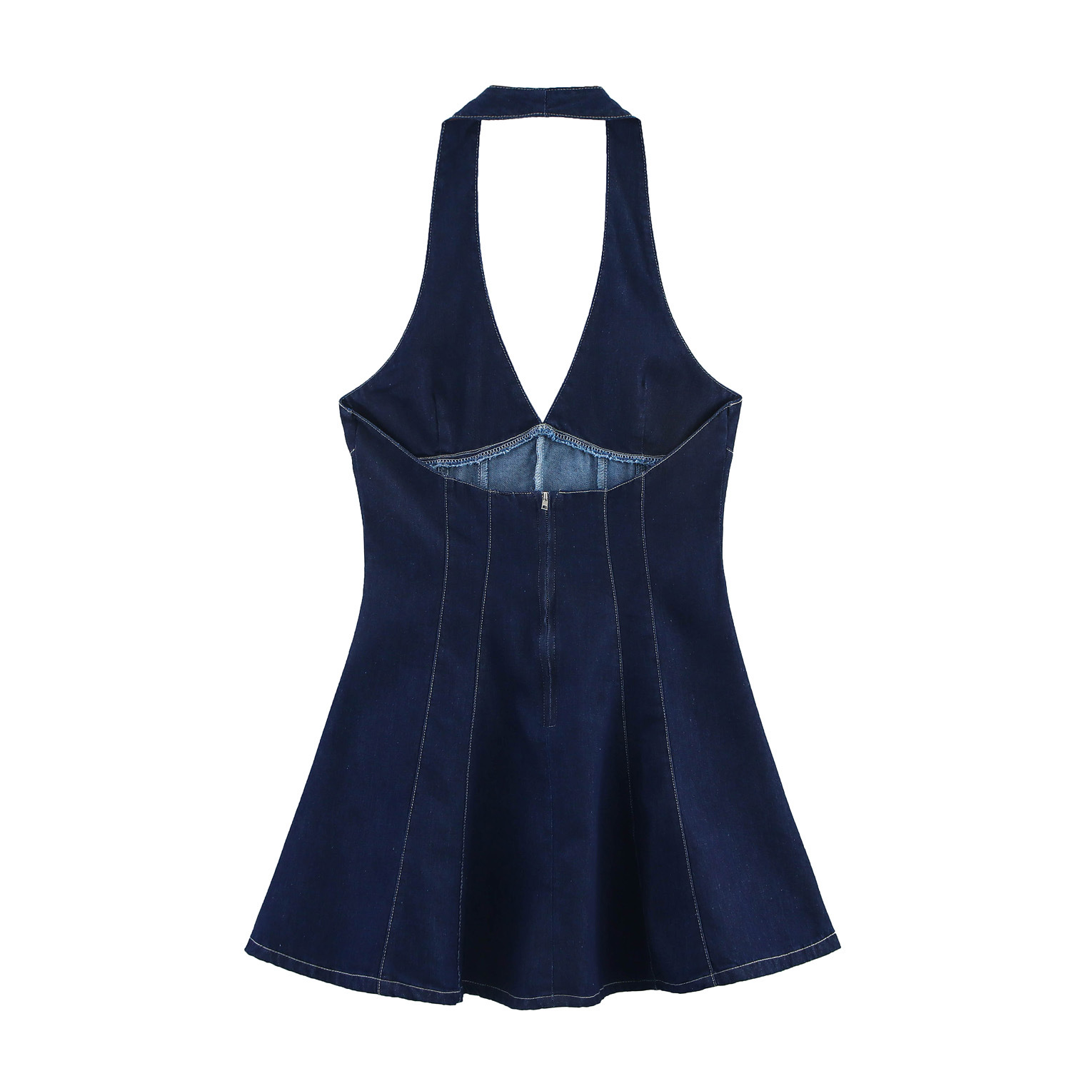 Women's Sleeveless Denim Dress V-Neck High Waist Pleated Mini