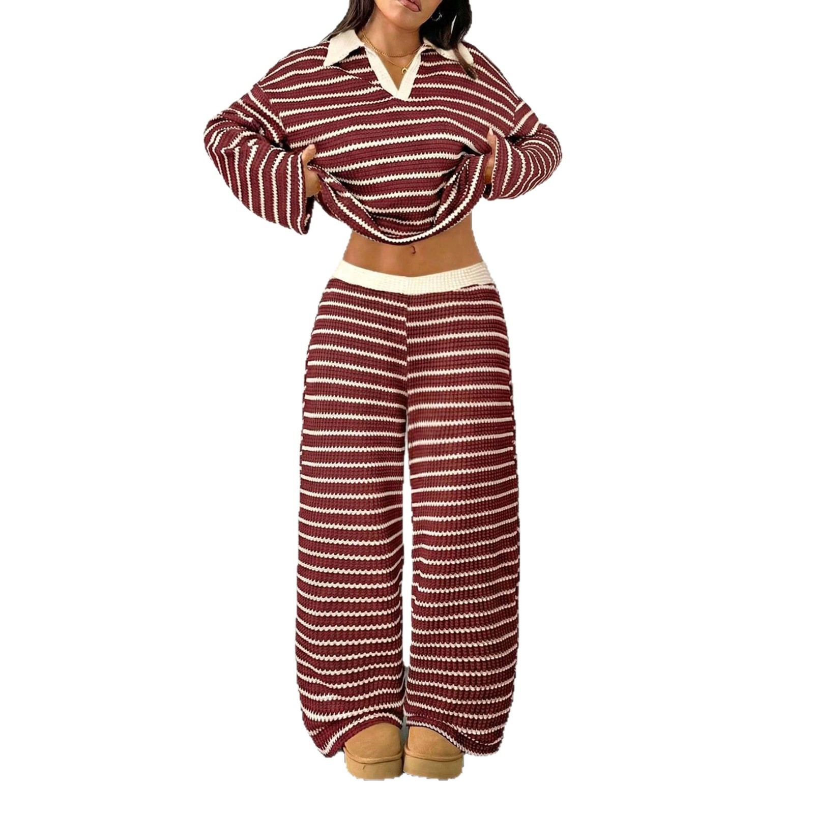 Striped Knit Color-Block Collared V-Neck Long-Sleeve Top & Pants Set
