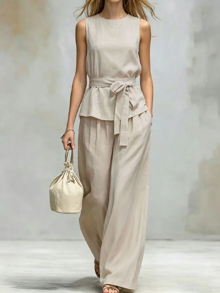Women's Sleeveless Top and Belted Pants Two-Piece Set