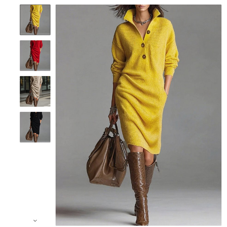 Women's Button-Front Collared Loose Straight Knit Midi Sweater Dress