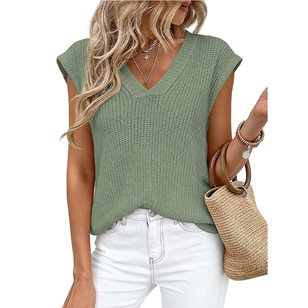 Women's V-Neck Short Sleeve Chunky Knit Sweater Top