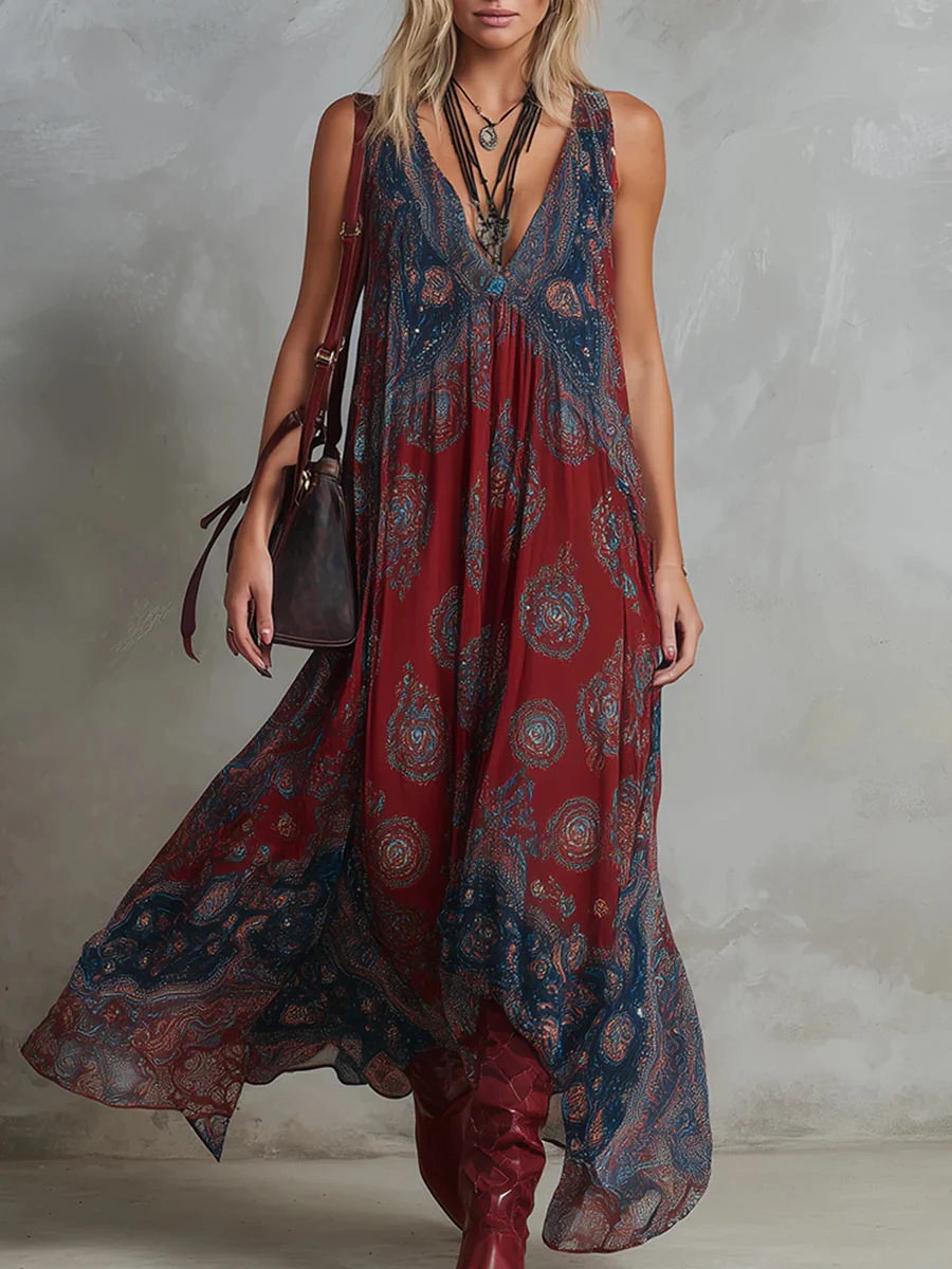 Bohemian Sleeveless V-Neck Printed Maxi Dress
