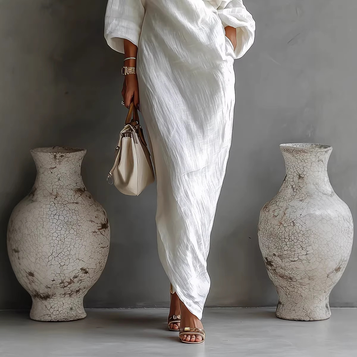 Women's Asymmetric One-Shoulder Long Dress with Pleated Detail