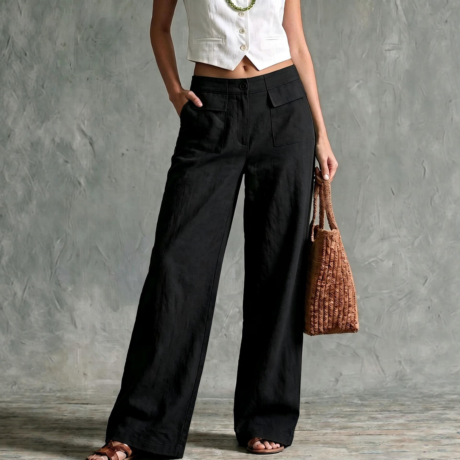 Women's Solid Cotton-Blend Wide-Leg Casual Pants High Waist Loose Fit