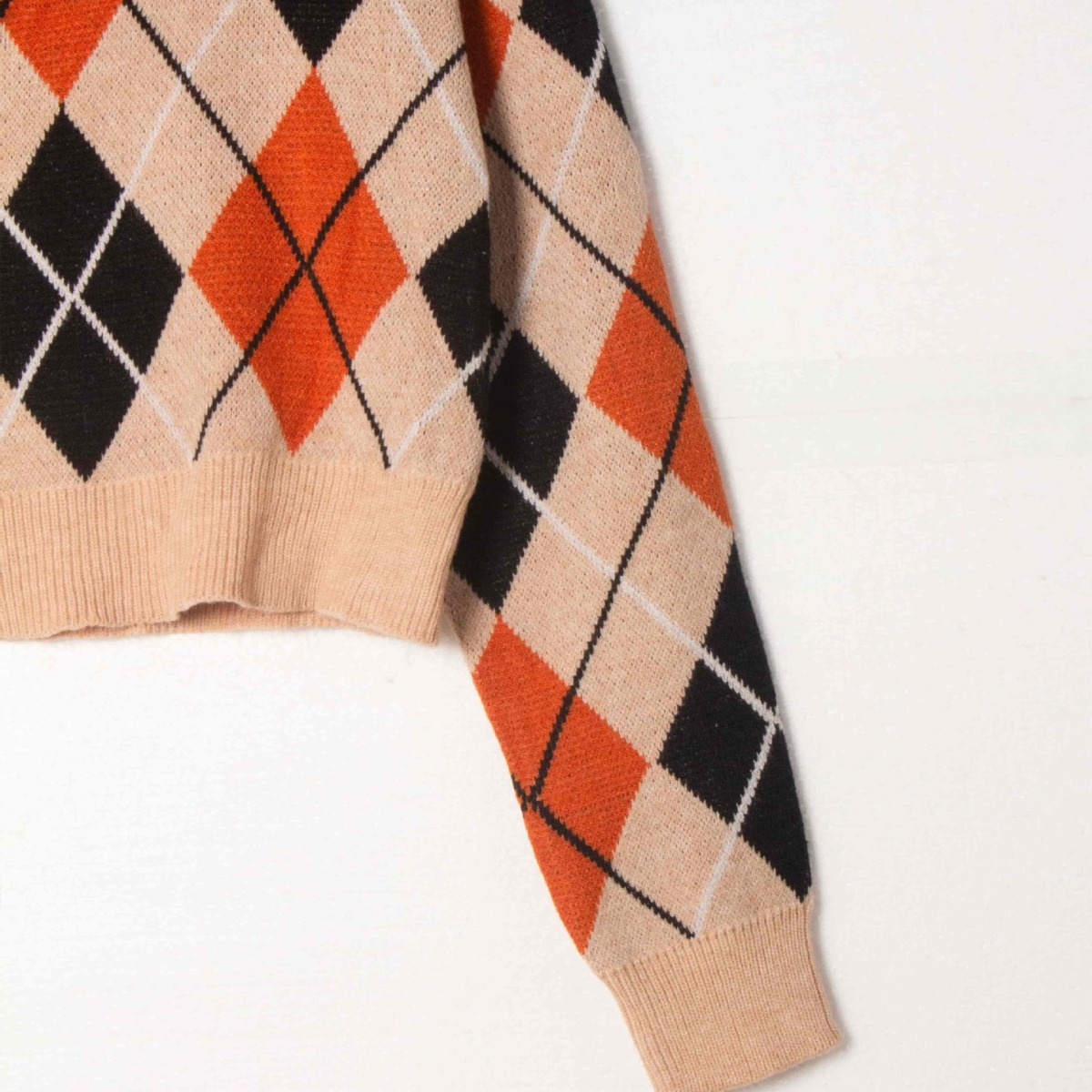 Women's Cropped Argyle Knit Sweater Long Sleeve Crewneck Pullover