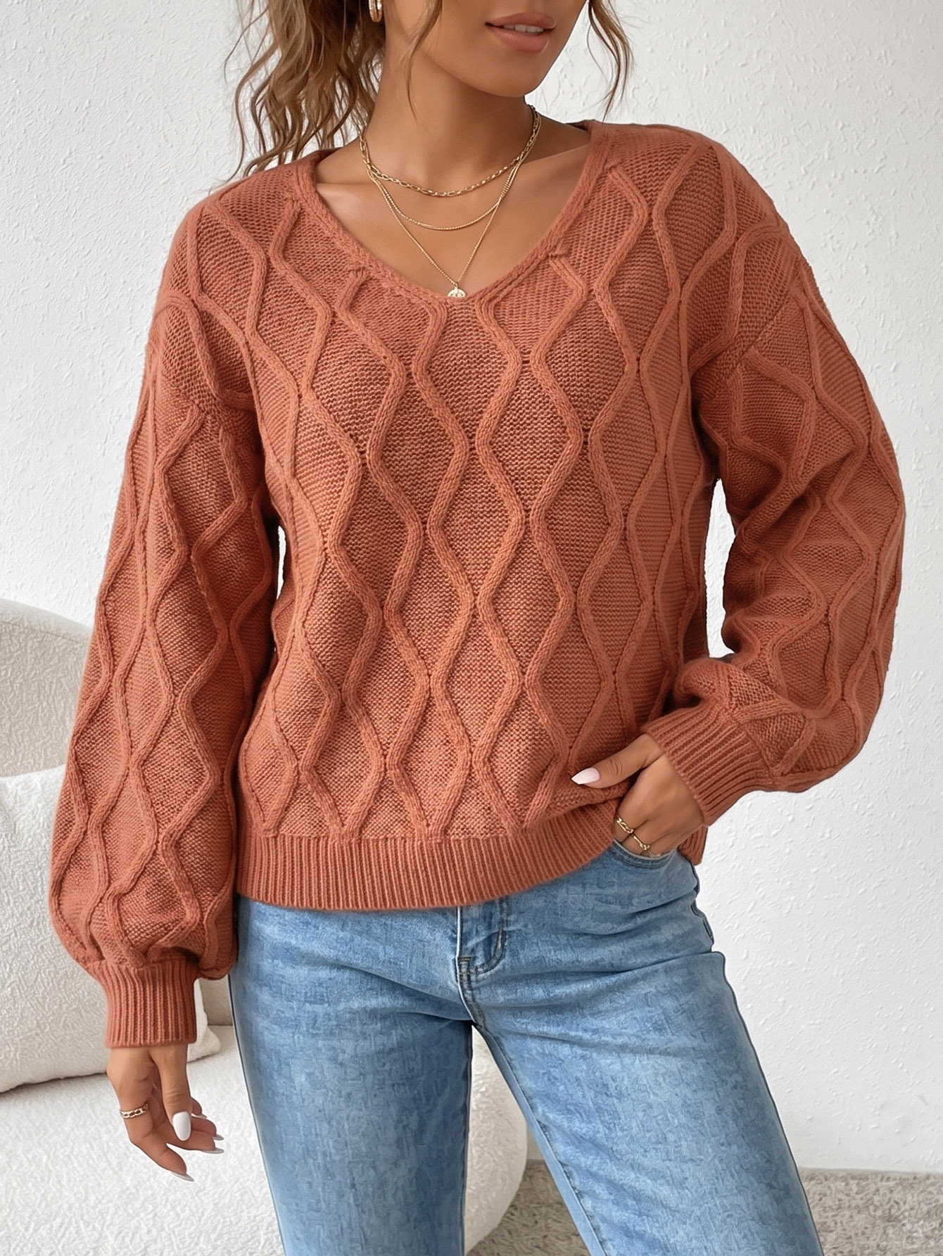 V-Neck Loose-Fit Knit Sweater for Women