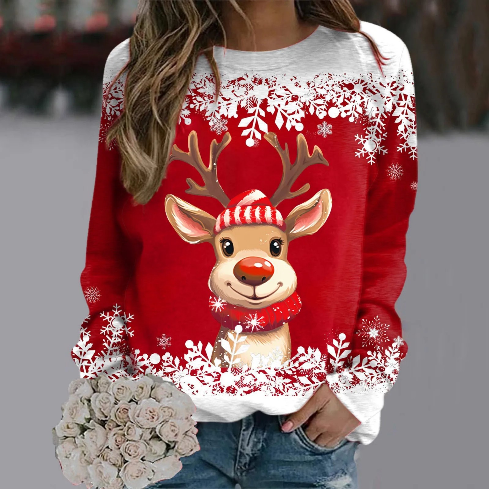 Women's Cartoon Animal Christmas Print Crewneck Sweatshirt