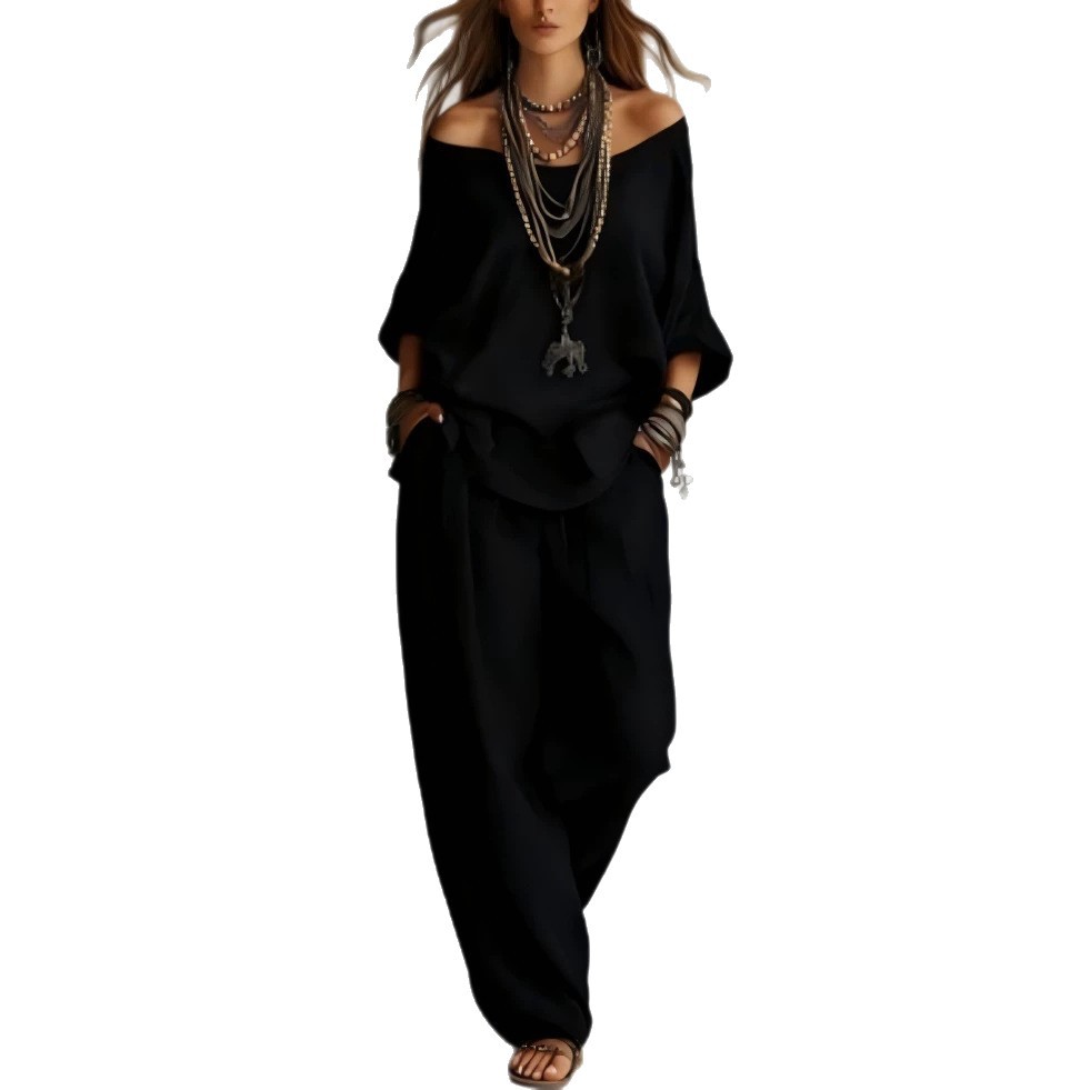 Off-Shoulder Two-Piece Set with Batwing Sleeve Top and High-Waist Wide-Leg Pants