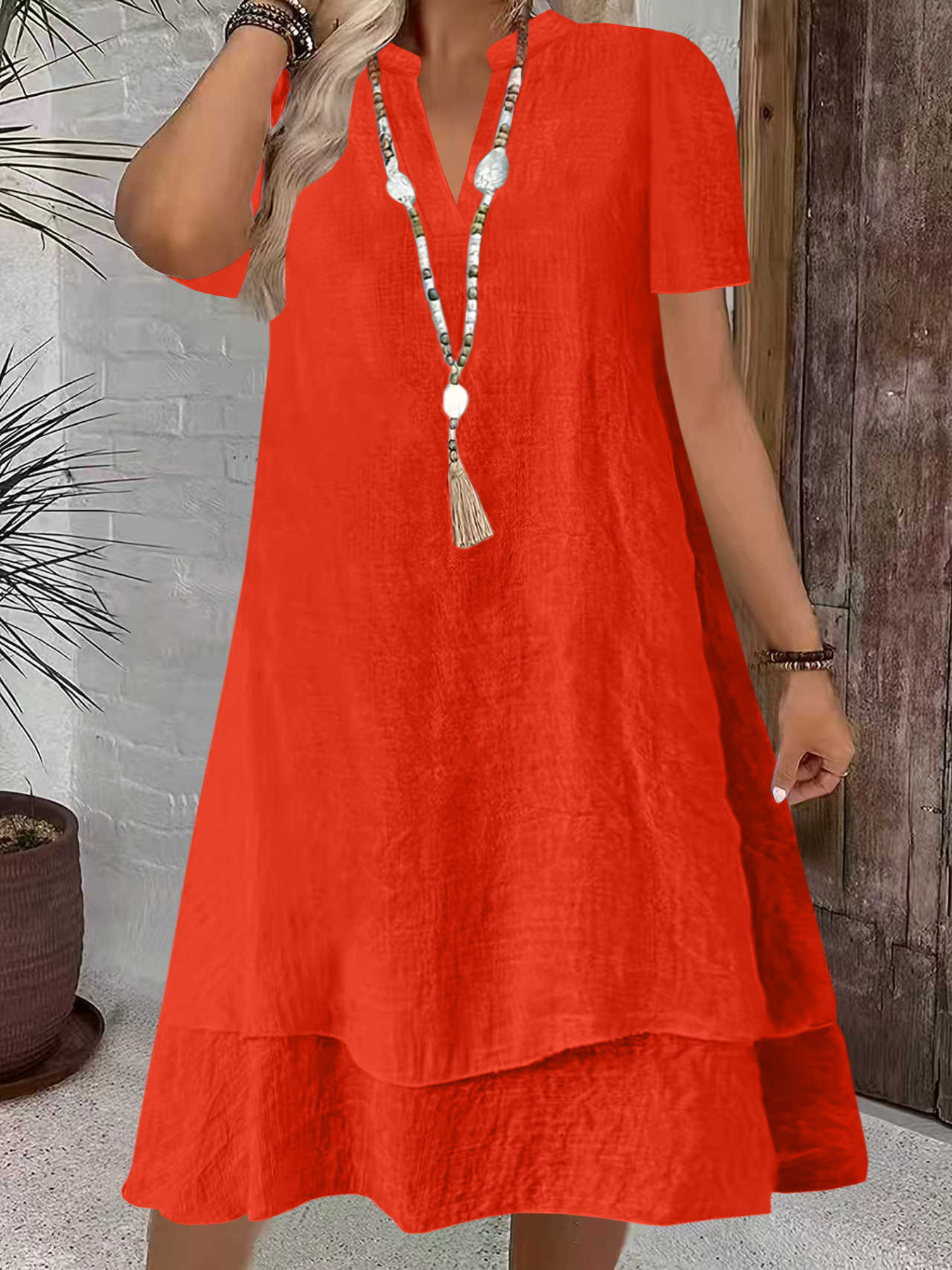 Women's Short Sleeve V-Neck Tiered Midi Dress Casual Loose Solid