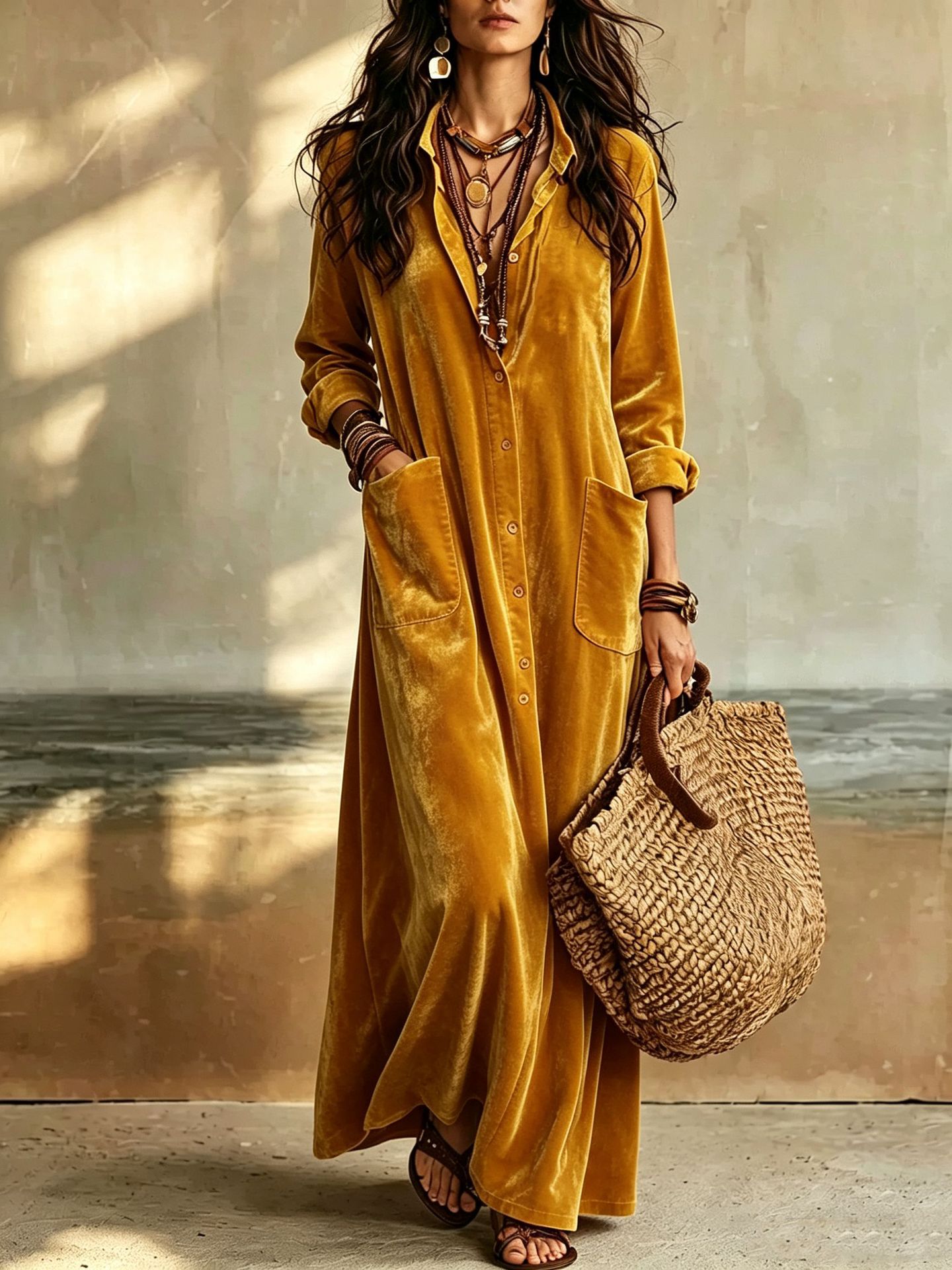Boho Velvet Long Shirt Dress Solid Color Loose Fit