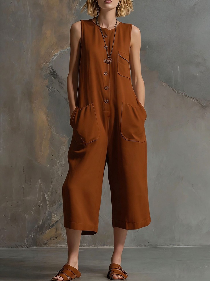 Women's Sleeveless Solid Color Cropped Jumpsuit Casual Relaxed Fit