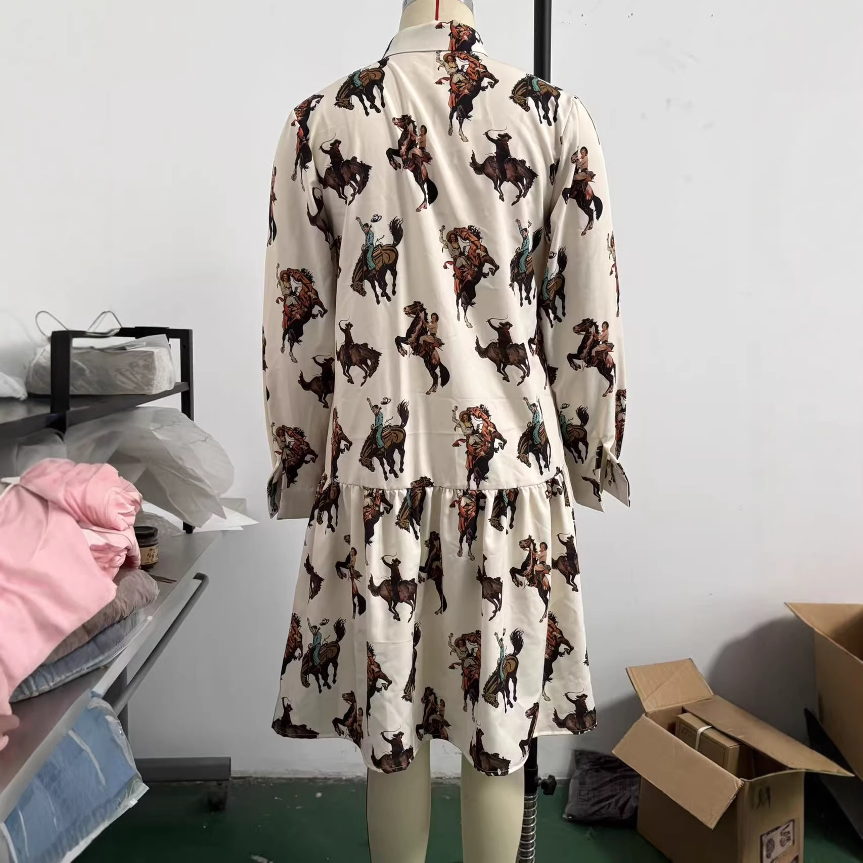 Western Cowboy Print Long Sleeve Shirt Dress with Waist Tie and Ruffle Hem