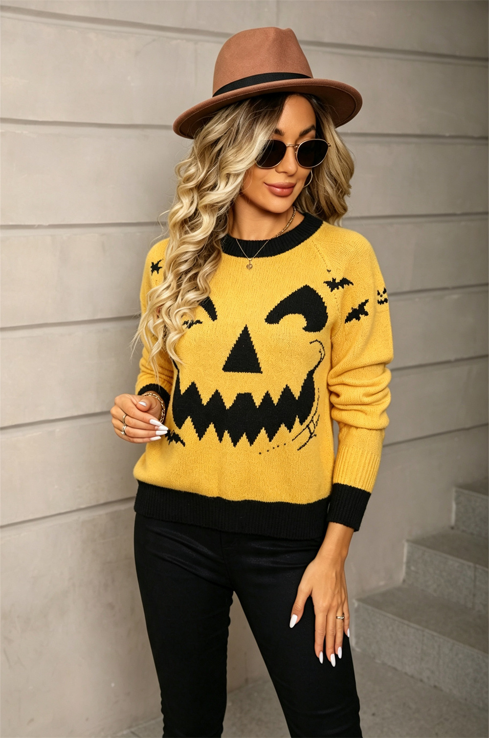 Bat Skull Colorblock Pullover Sweater