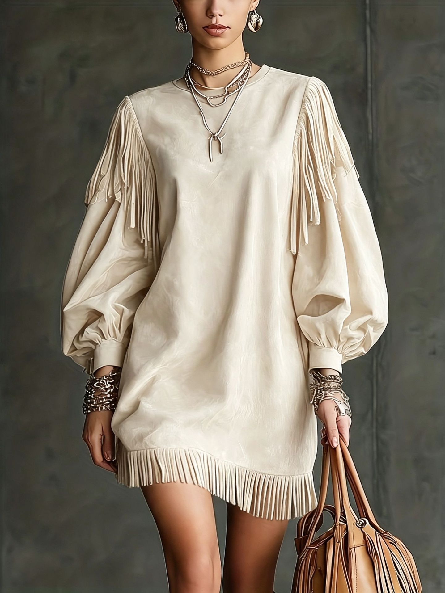 Women's Tassel Lantern Sleeve Short Dress - Loose Fit, Round Neck, Polyester Blend