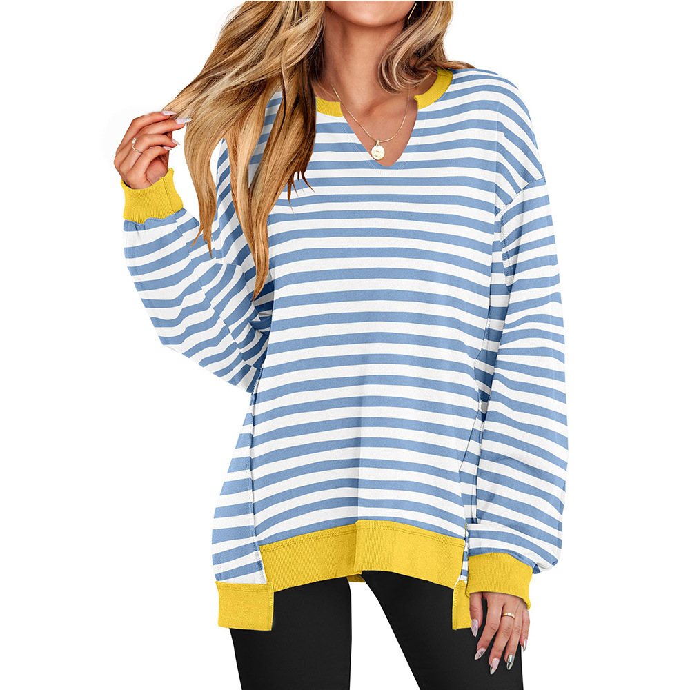 Colorful Striped V-Neck Loose Sweatshirt for Women