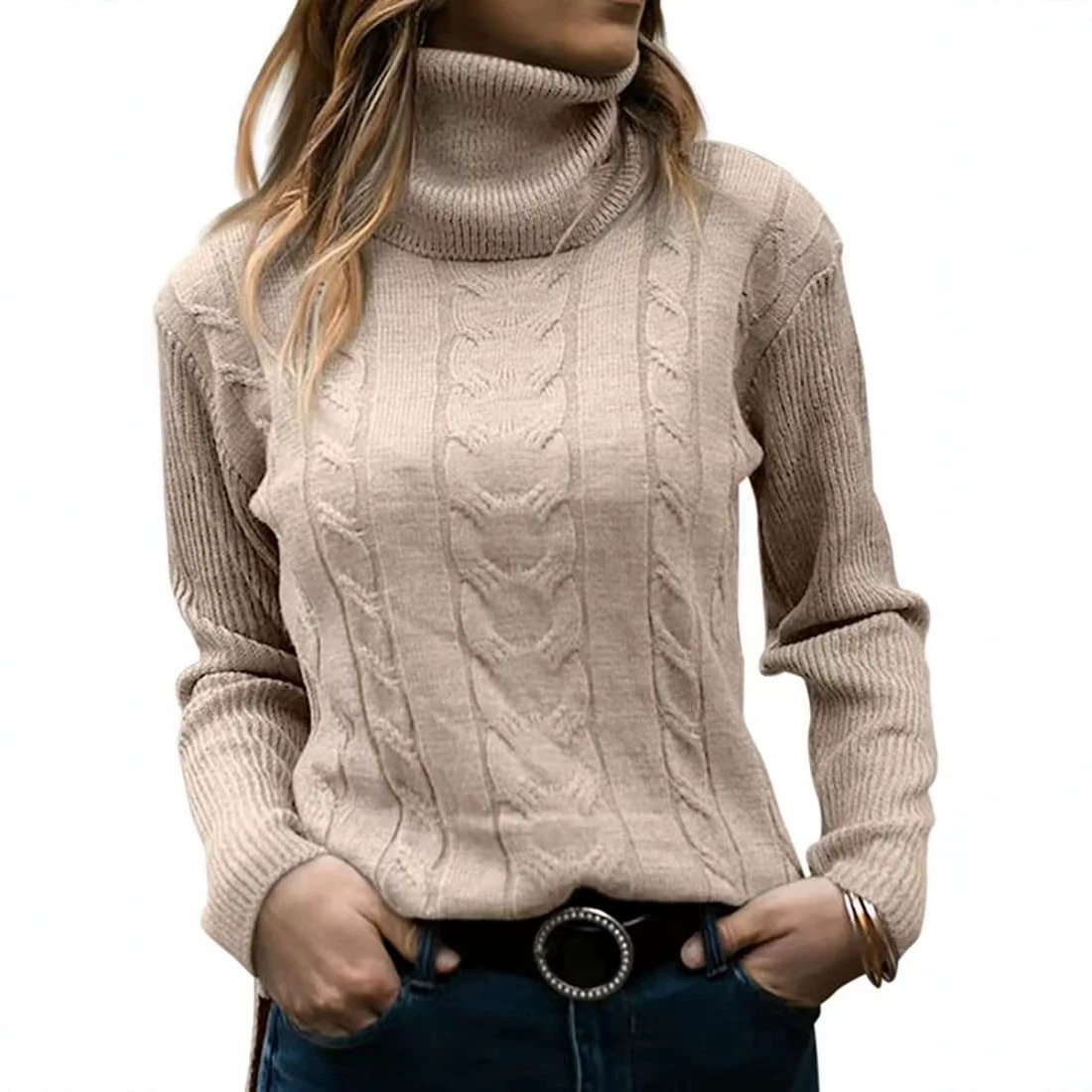 Women's Solid Turtleneck Knit Sweater Long Sleeve Pullover