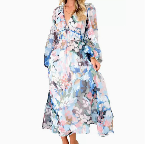 Bohemian Deep V-Neck Floral High-Waist Long-Sleeve Midi Dress